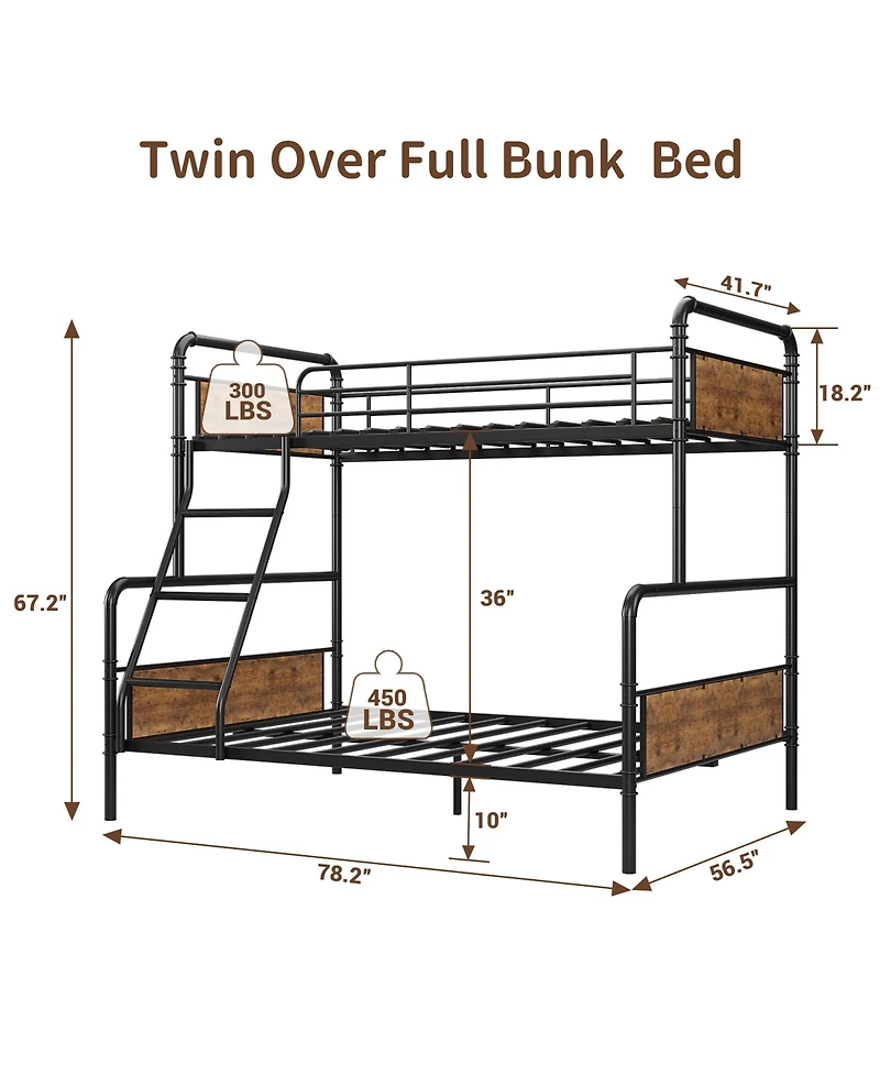homfan Modern Metal Bunk Bed Frame with Guardrails and Secure Ladder, Convertible Split Design, Under-Bed Storage Clearance, Industrial Style