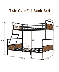 homfan Modern Metal Bunk Bed Frame with Guardrails and Secure Ladder, Convertible Split Design, Under-Bed Storage Clearance, Industrial Style