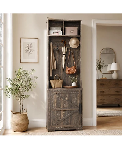 homfan Farmhouse 3-in-1 Hall Tree with Coat Hooks, Shoe Bench, Cubby Storage and Barn Door Cabinet, Space-Saving Entryway Organizer, Easy Assembly