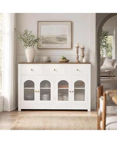 homfan Farmhouse Sideboard Buffet Cabinet with Fluted Acrylic/Glass Doors, Shelves, Multi-Drawer Storage for Kitchen, Entryway or Media Console