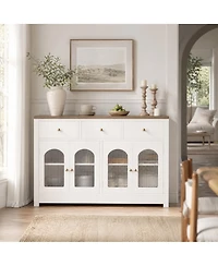 homfan Farmhouse Sideboard Buffet Cabinet with Fluted Acrylic/Glass Doors, Shelves, Multi-Drawer Storage for Kitchen, Entryway or Media Console