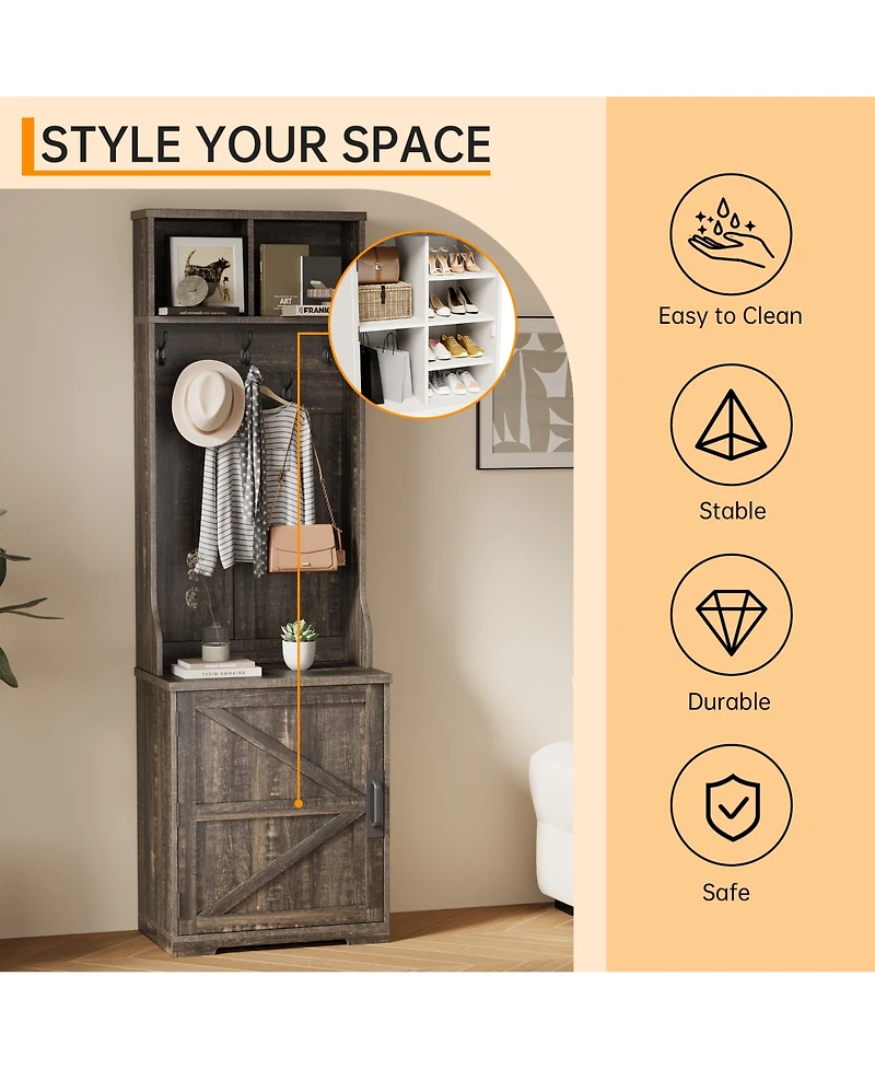 homfan Farmhouse 3-in-1 Hall Tree with Coat Hooks, Shoe Bench, Cubby Storage and Barn Door Cabinet, Space-Saving Entryway Organizer, Easy Assembly