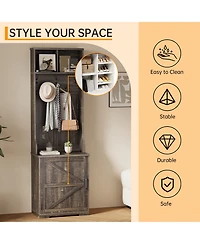 homfan Farmhouse 3-in-1 Hall Tree with Coat Hooks, Shoe Bench, Cubby Storage and Barn Door Cabinet, Space-Saving Entryway Organizer, Easy Assembly