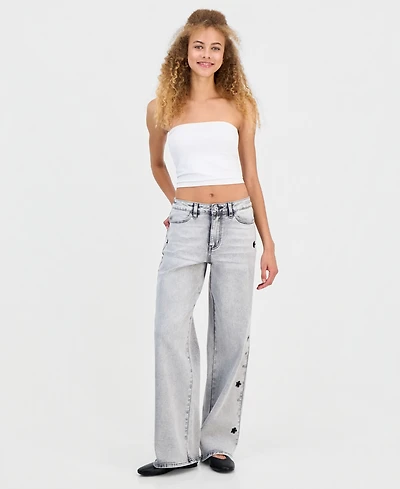 Madden Girl Juniors' Star Stud Mid Rise Wide Leg Jeans