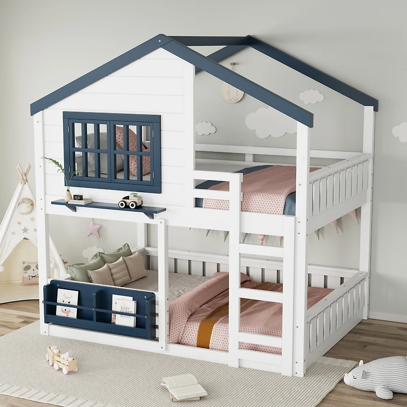 Streamdale Furniture Full Size House Bunk Bed with Bookshelf and Safety Fencing