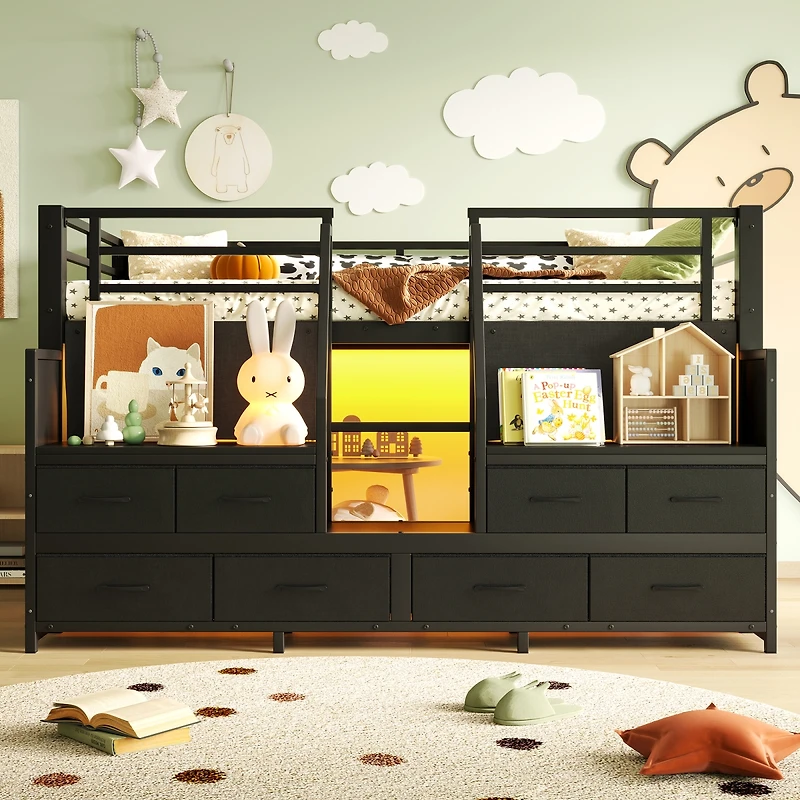 Streamdale Furniture Twin Low Loft Bed with Multi-Storage, Shelves, and Lights