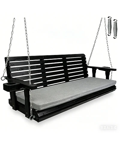 5.5 Ft Extended 3-Seater Wooden Porch Swing with Seat Cushion, Cup Holders, Hanging Chains and 7mm Springs, Heavy Duty 880 Lbs (Dark Brown)