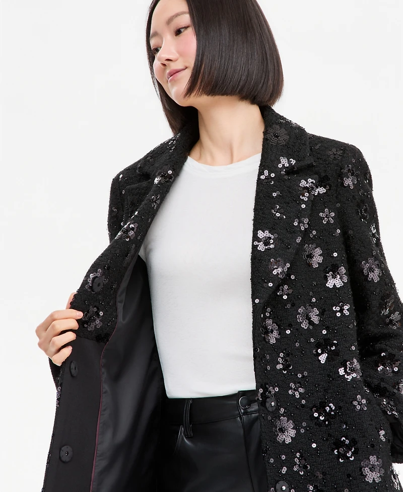CeCe Women's Sequin Floral Notch-Collar Coat, Created for Macy's
