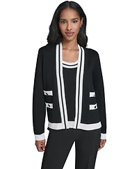 Karl Lagerfeld Paris Petite Open-Front Long-Sleeve Knit Cardigan with Contrast Trim