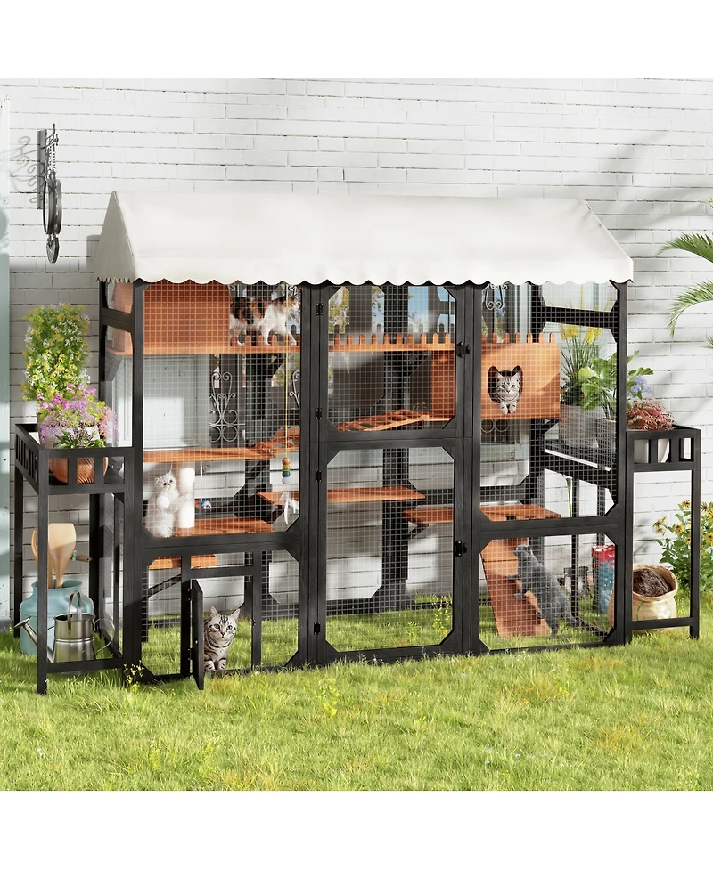 Streamdale Furniture Large Wooden Outdoor Catio with Multi-Level Playpen and Weather-Resistant Roof