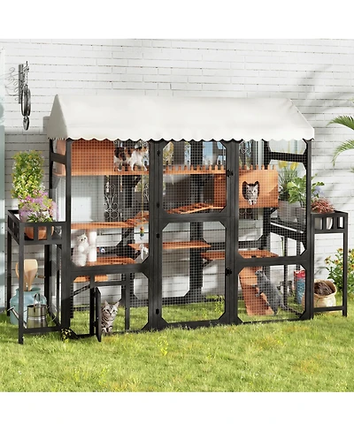 Streamdale Furniture Large Wooden Outdoor Catio with Multi-Level Playpen and Weather-Resistant Roof