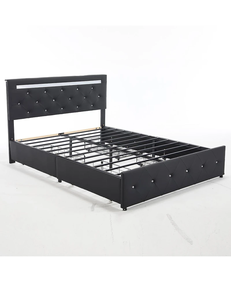 Streamdale Furniture Bed Frame with Led Lights, 4 Storage Drawers and Charging Station