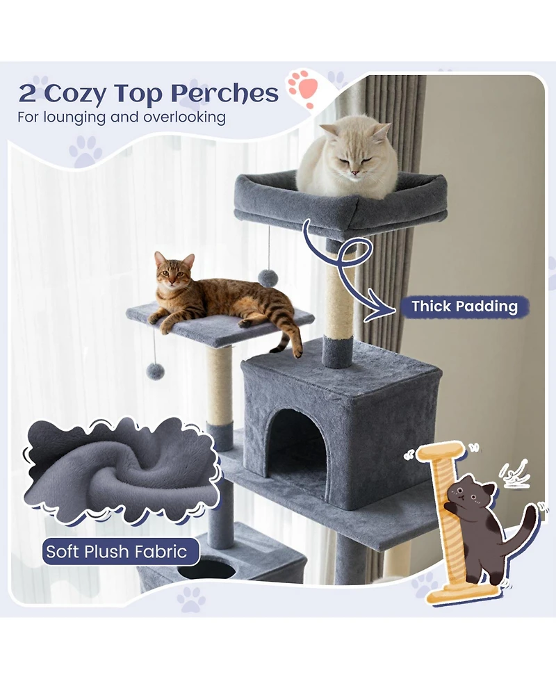 Gymax Tall Cat Tree 2 Condos Sisal Scratching Posts Plush Perch Hammock Basket