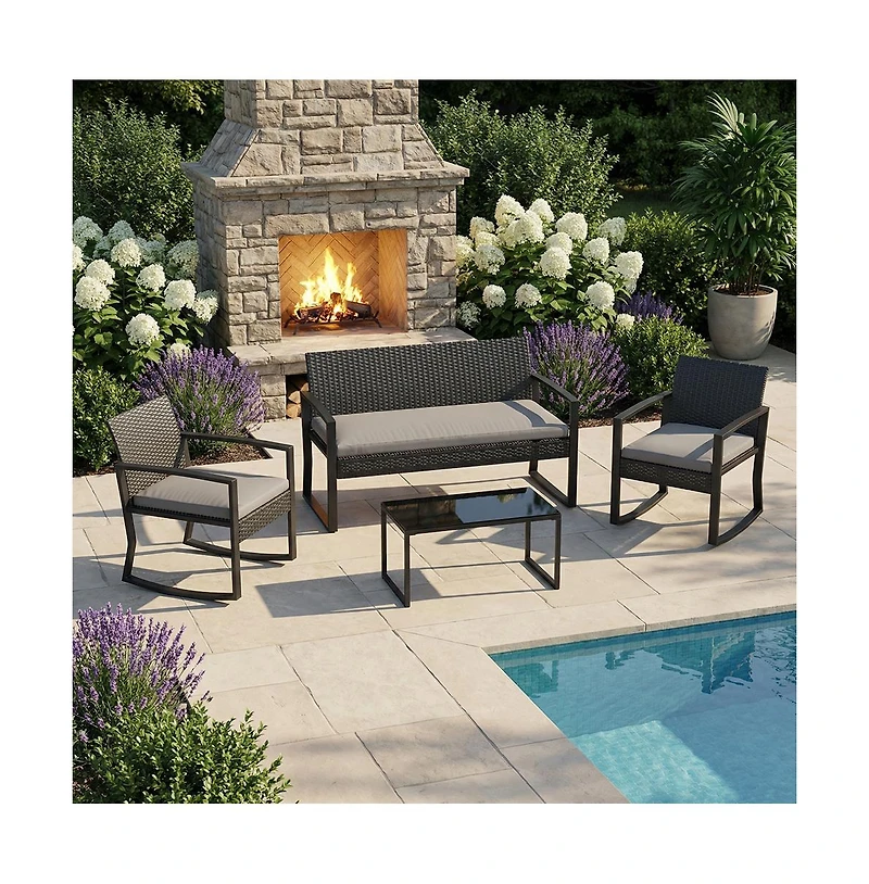 homfan 4 Piece Patio Furniture Set, Pe Rattan Outdoor Rocking Chair Conversation Set with Coffee Table, Wicker Table and Chairs
