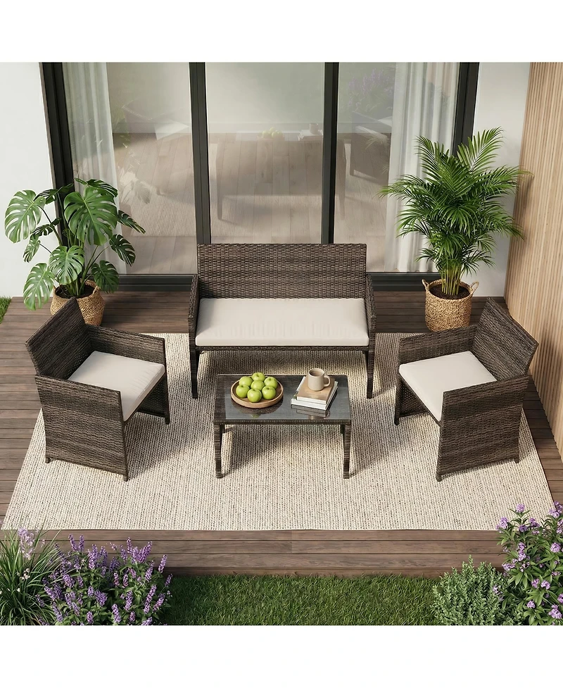 homfan -4-Piece Patio Bar Set - All-Weather Rattan Outdoor Conversation Furniture Cushioned Chairs and Table Perfect for Garden, or Porch