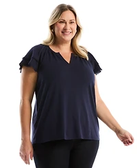 Rafaella Plus Eyelet Flutter Sleeve Split Neck Short Top