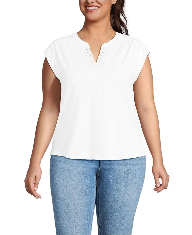 Lands' End Plus Size Cap Sleeve Lightweight Jersey Lace Shoulder Tee