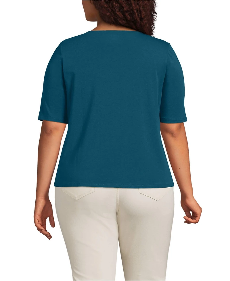 Lands' End Plus Elbow Sleeve Lightweight Jersey Pintuck Square Neck Top