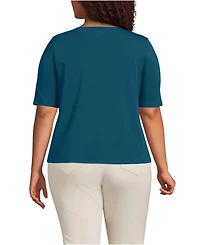 Lands' End Plus Elbow Sleeve Lightweight Jersey Pintuck Square Neck Top