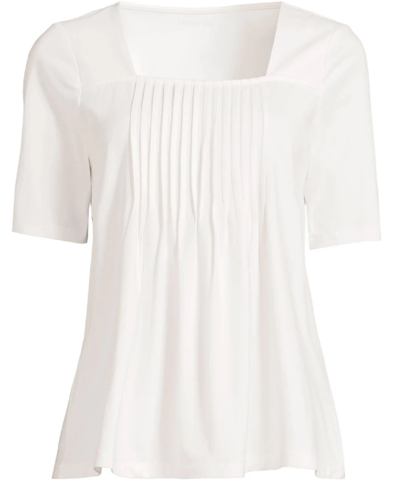 Lands' End Women's Elbow Sleeve Lightweight Jersey Pintuck Square Neck Top
