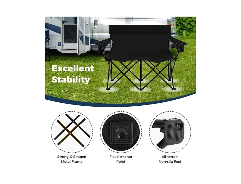 Boyel Living Double Camping Chair 2-Person Outdoor Folding Loveseat with Cup Holders