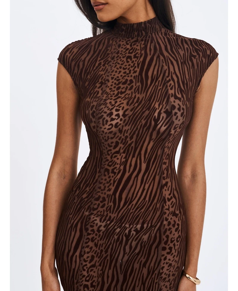 Miss Circle Women's Tyanna Mocha Burnout Velvet Mesh Backless Mermaid Maxi Dress
