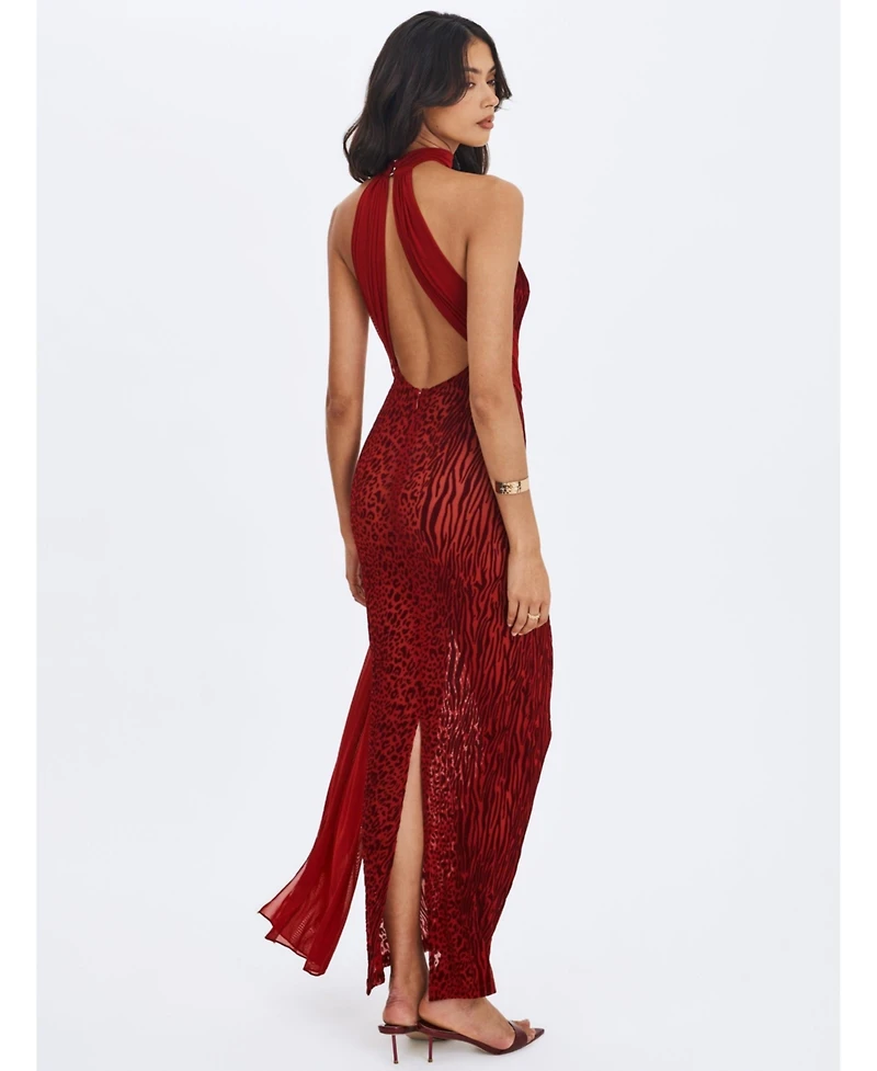 Miss Circle Women's Cerise Scarlet Burnout Velvet Multiwear Mesh Ribbon Maxi Dress