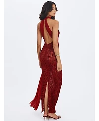 Miss Circle Women's Cerise Scarlet Burnout Velvet Multiwear Mesh Ribbon Maxi Dress