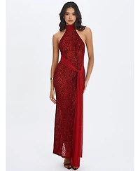 Miss Circle Women's Cerise Scarlet Burnout Velvet Multiwear Mesh Ribbon Maxi Dress