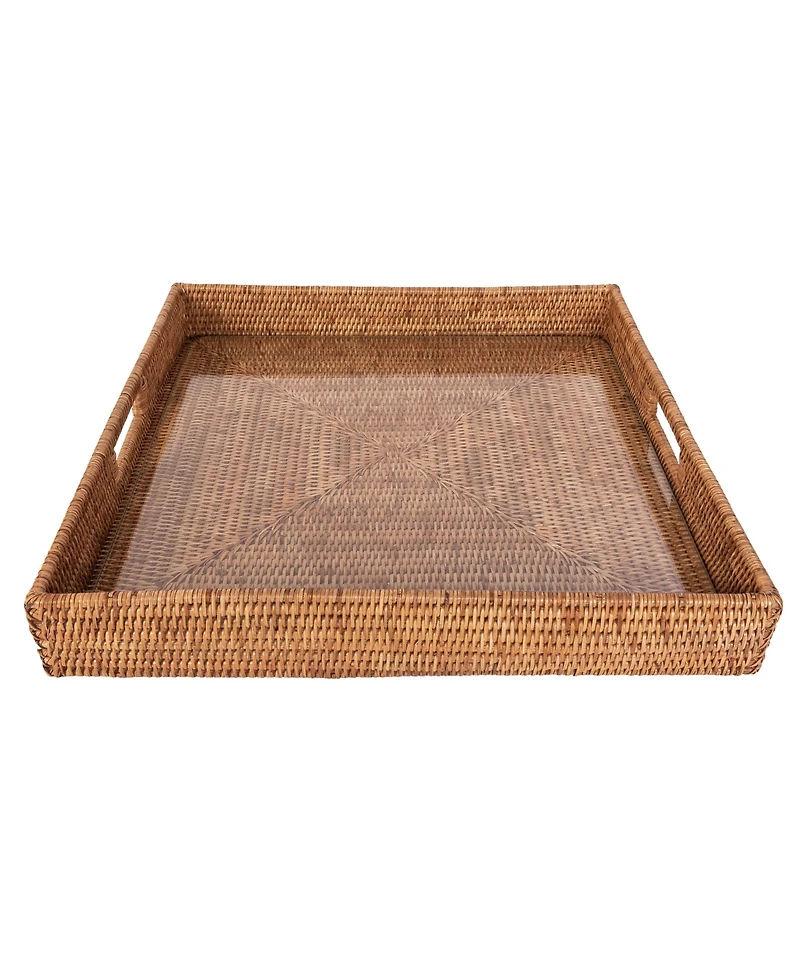Artifacts Trading Company Rattan Square Serving Ottoman Trays with Glass Insert
