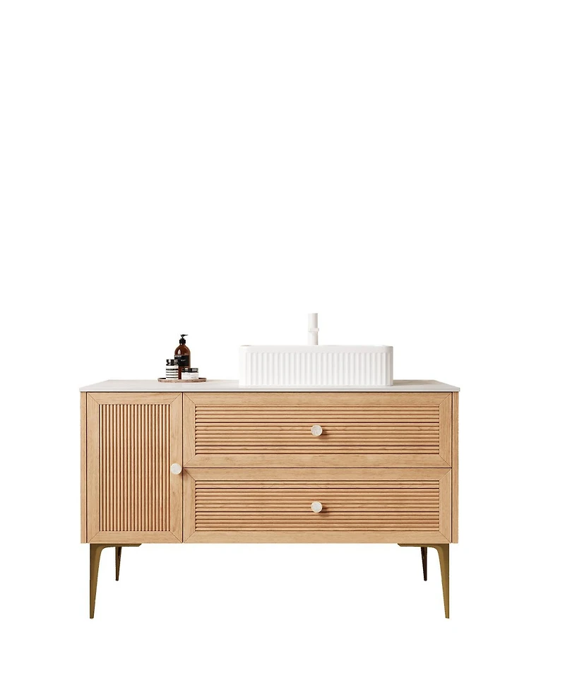 Sillysis Modern Bathroom Vanity with Rectangular Ceramic Sink, Oak Striped Texture, 2 Drawers and 1 Door