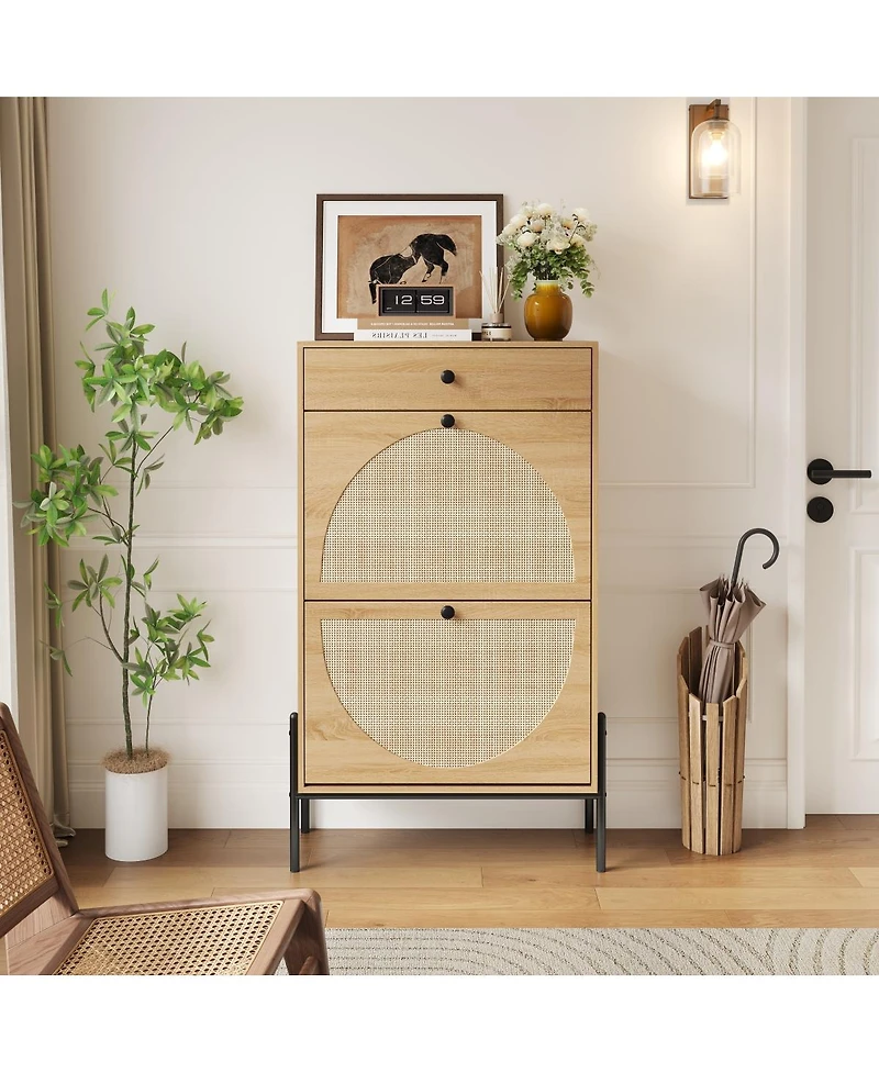 Streamdale Furniture Rattan 2-Door Shoe Cabinet with Drawer and Shelf