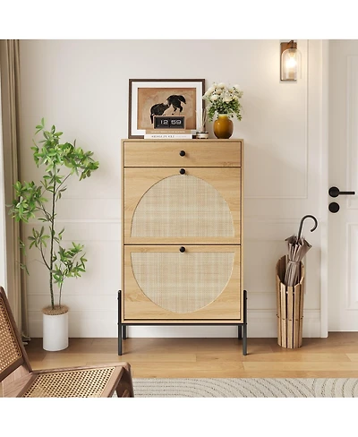 Streamdale Furniture Rattan 2-Door Shoe Cabinet with Drawer and Shelf