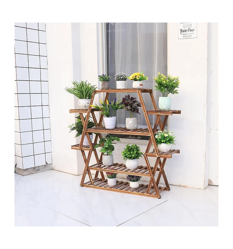 Unho Multi-Tier Solid Pine Plant Stand, Sturdy Triangular Stable Decorative Flower Rack for Home Decor