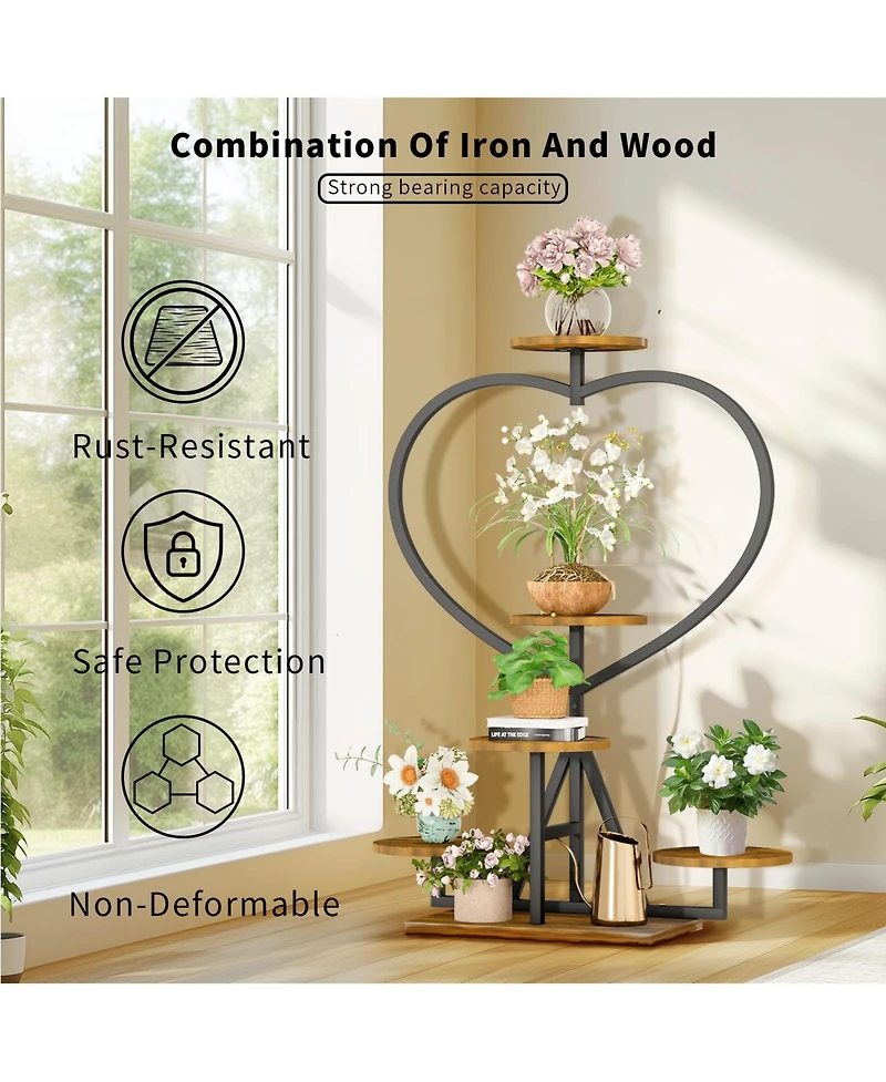 Unho Heart Shaped 8-Pot Plant Stand, Sturdy Metal Wood Indoor Display Rack