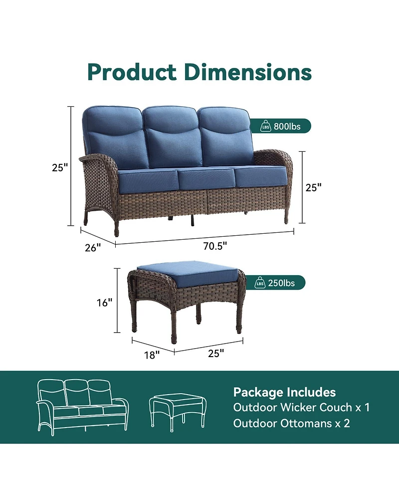Pocassy Pieces Patio Furniture Set All-Weather Outdoor Wicker Conversation Sofa Patio Seating Sofa with Cushion and Ottoman for Porch