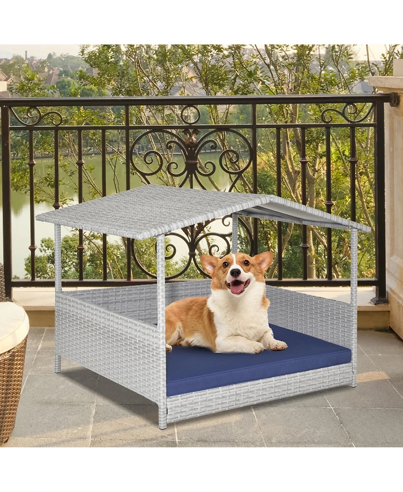 Gymax Wicker Dog House Weather-Resistant Raised Rattan Pet Bed w/ Detachable Cushion