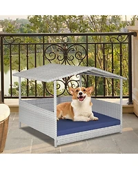 Gymax Wicker Dog House Weather-Resistant Raised Rattan Pet Bed w/ Detachable Cushion
