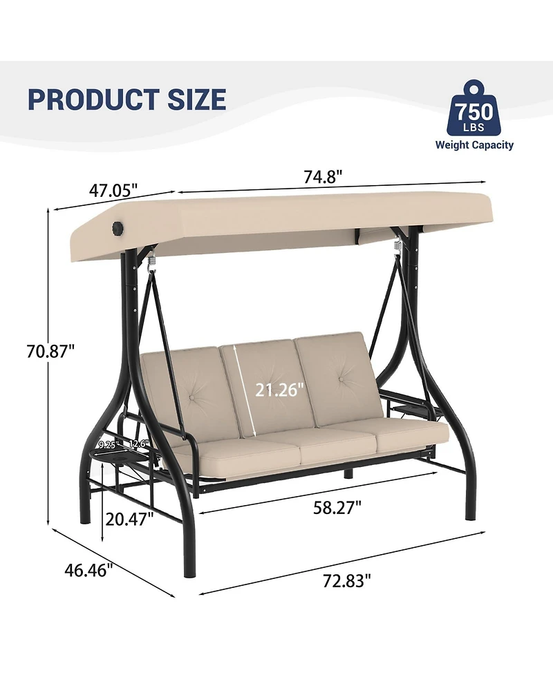 homfan 3-Seat Outdoor Swing with Adjustable Canopy, 2-in-1 Bed, Thick Cushions, Cup Holders and Tray, Weather-Resistant Patio Furniture