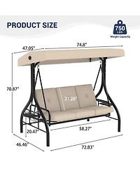 homfan 3-Seat Outdoor Swing with Adjustable Canopy, 2-in-1 Bed, Thick Cushions, Cup Holders and Tray, Weather-Resistant Patio Furniture