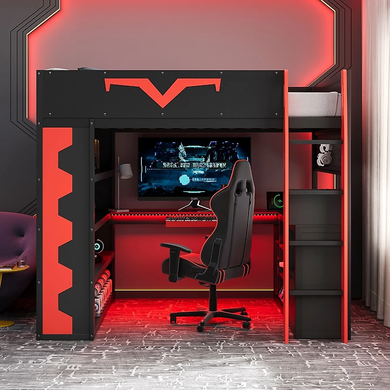 Streamdale Furniture Gaming Loft Bed With Desk, Rgb, Power, Storage