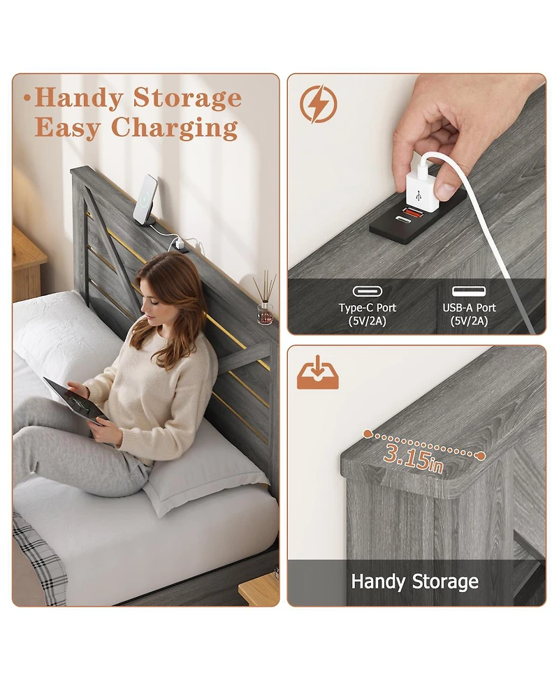 Streamdale Furniture Queen Storage Bed With Headboard, 4 Drawers, Led, Metal Support