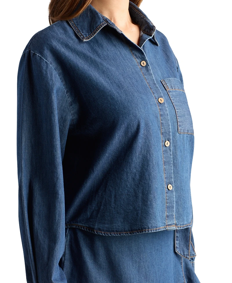 Bcx Women's Denim Long-Sleeve Collared Crop Top