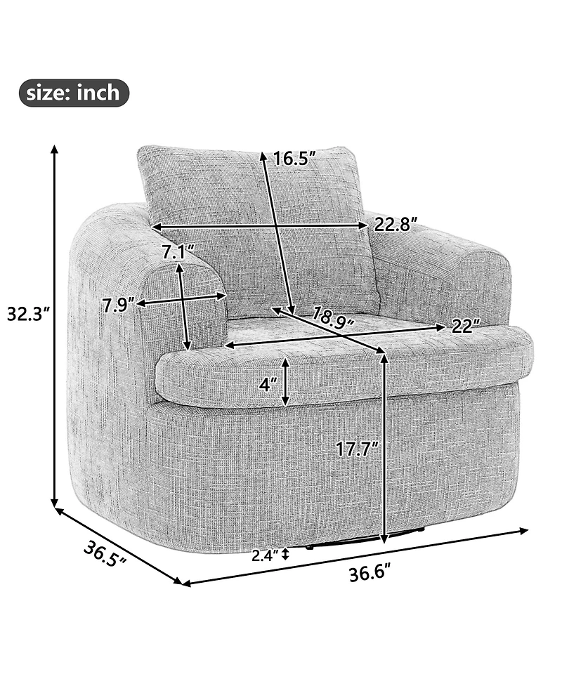 Rainsken 360degree(s) Swivel Sofa Chair, Chenille Fabric Accent Barrel Chair with Dual-layer Cushion Design, 36.6" Swivel Round Chair for Living Room