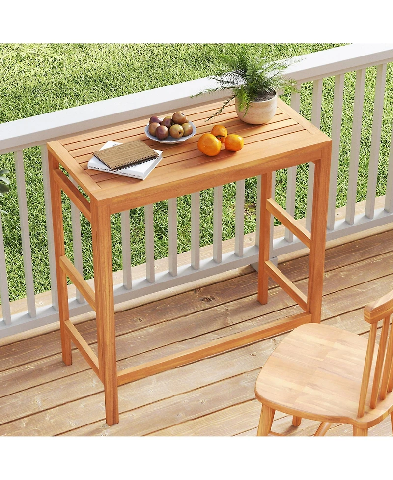 Gymax Acacia Wood Outdoor Bar Table Slatted Tabletop for Balcony Backyard Garden