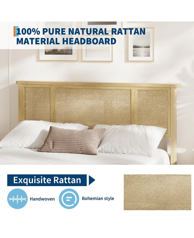 homfan Rattan Bed with Headboard, Bed Frame with Led Lights and 4 Storage Drawers, Wood Foundation with Silent Slats