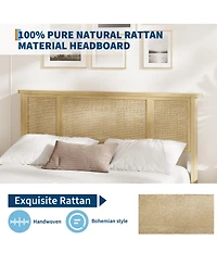 homfan Rattan Bed with Headboard, Bed Frame with Led Lights and 4 Storage Drawers, Wood Foundation with Silent Slats