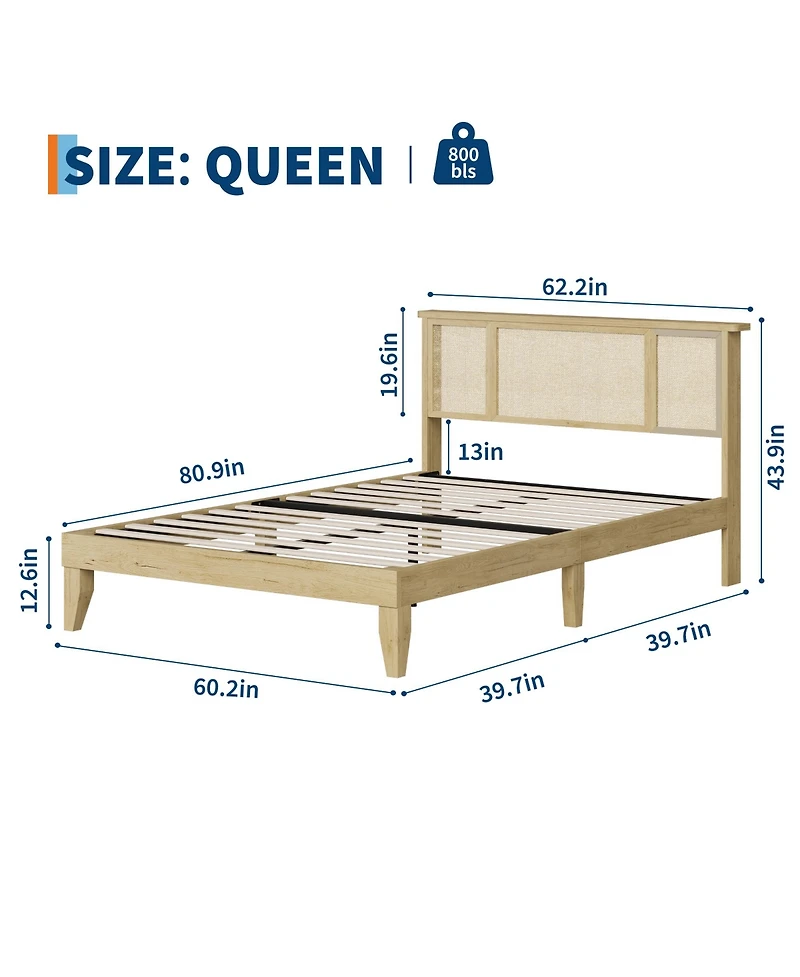 homfan Rattan Bed with Headboard, Bed Frame with Led Lights and 4 Storage Drawers, Wood Foundation with Silent Slats, No Box Spring Needed