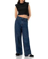 Ivonne Women's Padded-Shoulder Cropped Rhinestone Top