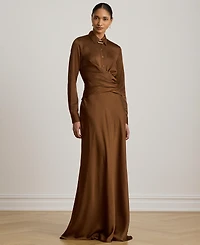 Lauren Ralph Pleated Button-Up Charmeuse Gown
